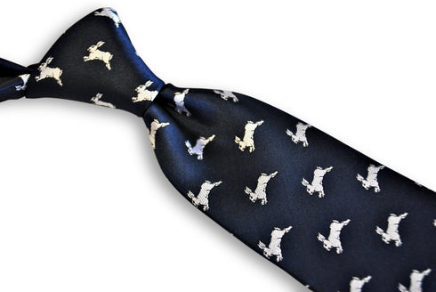 navy tie with leaping rabbit design